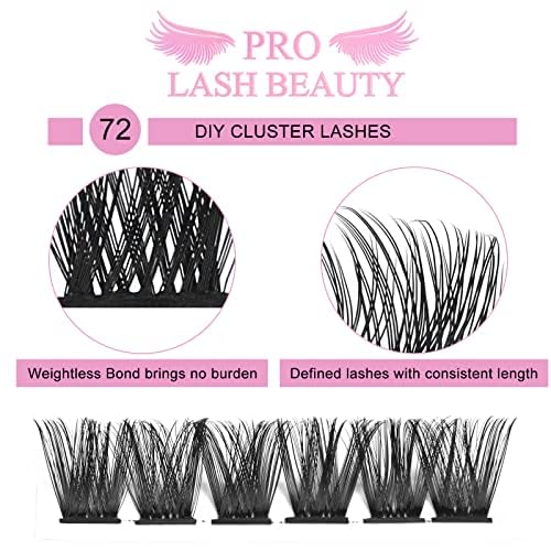 PRO LASHBEAUTY Cluster Lashes, 72 Pcs Individual Lashes, Lash Clusters DIY Eyelash Extension, Super Thin Band Reusable Soft & Comfortable (Into You-01-D-12mm)