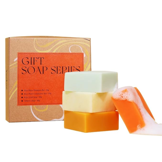 Turmeric Soap Bar and Rice Water Shampoo Conditioner Bar Set,Kojic acid for Body,Face and Hair,Deep Cleansing,Travel Toiletries,Spa Gifts For Women