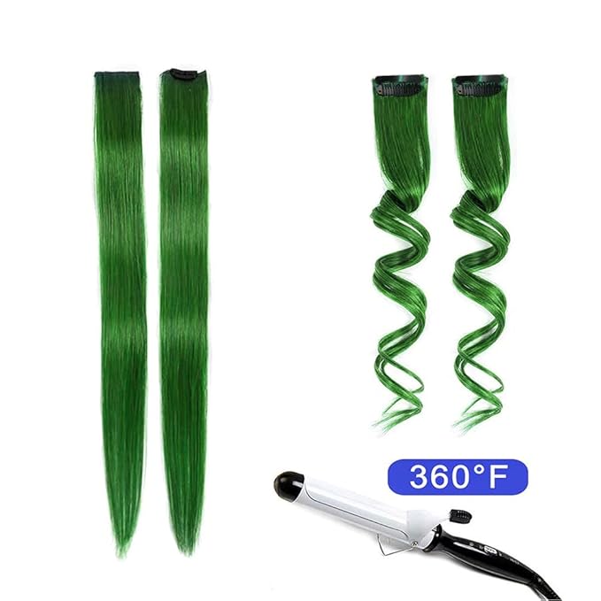 Winsky Green Clip in Hair Extensions 100% Real Human Hair - Straight Highlights Colored Clip on Christmas Hairpieces 5 Pieces/Set (18inch, Green)