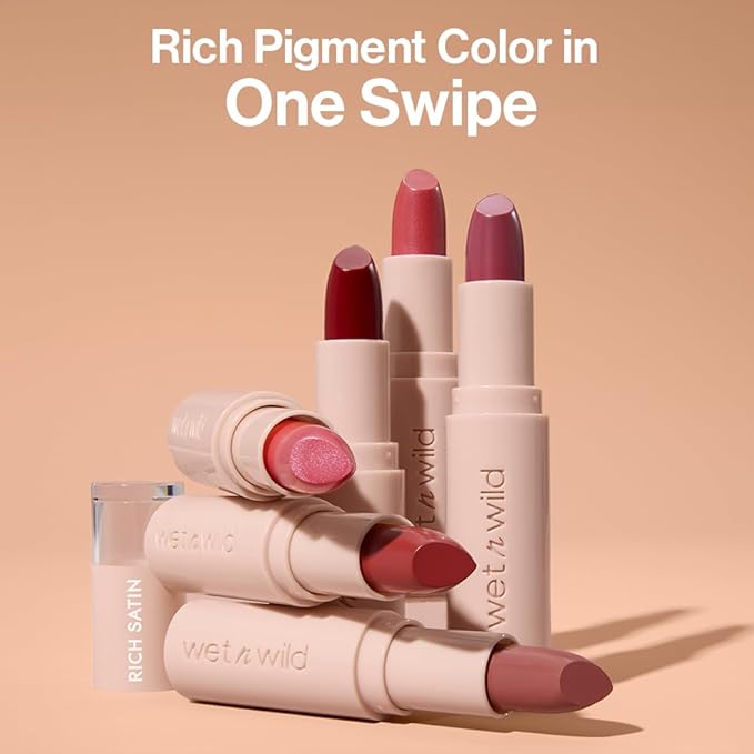 wet n wild Mega Last Rich Satin Lip Color, Rich Creamy Color with Satin Finish, Infused with Vitamin E & Moisturizing Argan Oil, Lightweight, Silky-Smooth, Vegan & Cruelty-Free - Hush Lil' Beige