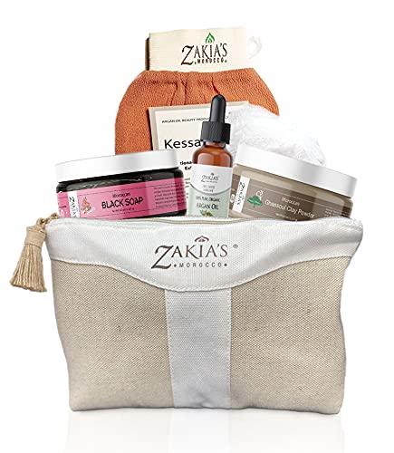 Moroccan Hammam Spa Rejuvinating Ritual Beauty Skincare Kit - 6 piece, Moroccan Rose Blossom Black Soap, Body Clay, Argan Oil, Pure & Natural, Purifying, Cleansing, exfoliating for every skin type