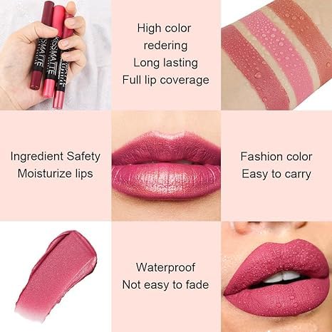 Generic Deep Dark Red Matte Lipstick and Lip Crayon Liner Pencil Pen Set for Women Lip Stain Long Lasting Waterproof labiales (1, 1Pcs 07# Natural Pink Metallic)