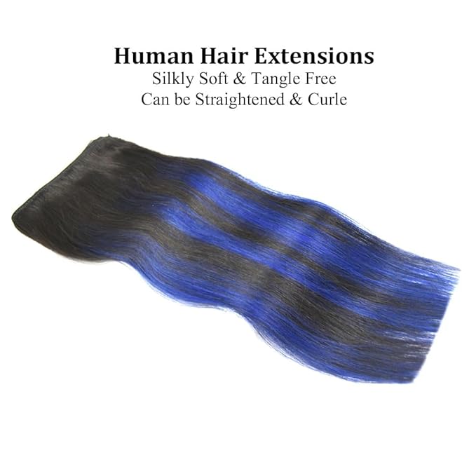 12" Clip in Hair Extensions Remy Human Hair Blue Balayage for Women - Silky Straight 100% Real Human Hair 50grams 4pieces #(1B/Blue) T1B Color