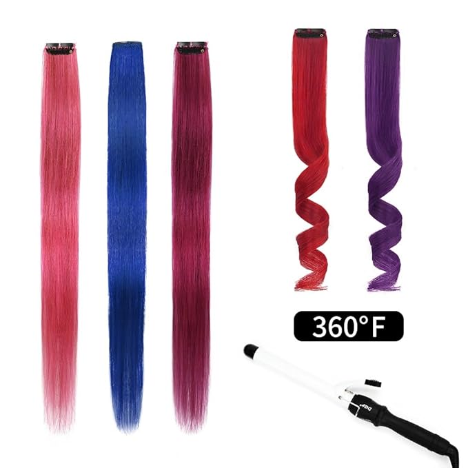 Winsky Colored Clip in Hair Extensions 100% Real Human Hair -Straight Highlights Colored Clip on Hairpieces 5 Pieces/Set (18inch, Pink, Purple, Red, Blue, Burgundy)