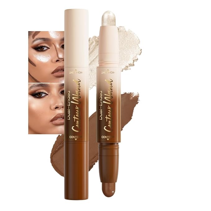 Nuetral Nude + Silver Shimmer Contour Stick Dual Ended Face Body Makeup Waterproof no Transfer, 2 in 1 Cream Concealer Stick Contouring Makeup Kit, Nose Contour Bronzer Sticks Face Highlighter Make up