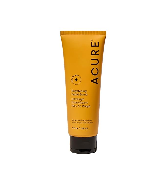 Acure Brightening Facial Scrub - Exfoliating Face Wash, Gentle Daily Scrubber & Exfoliator for Women & Men for Radiant Skin, Cleansing Wash with Sea Kelp & French Green Clay - 4 fl oz