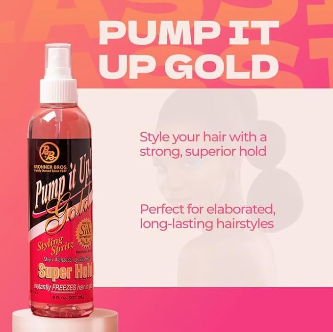 Bronner Bros Pump It Up Styling Spritz Gold 80% – Fast-Dry Hair Spray Extra Hold with Vitamin B5 & Silk Protein - Maximum Hold Finishing Spritz Hairspray, Adds Shine, Nourishes, No Build-up - 8oz