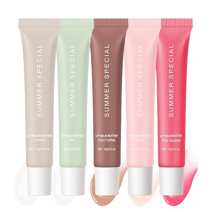 5Pcs Summer Lip Glossy Butter Balm Set, Instant Moisture Sheer Tint, Non-Sticky, Conditioning Formula to Soothe & Repair Dry, Chapped Lips, Jelly Lip Stain with Natural Scent (#1+2+3+4+5, 5Pcs)
