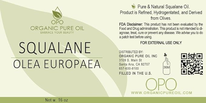 OPO Squalane Oil - Pure, Natural, Plant-Derived, Non GMO, Refined - 16 oz - Squalene Alternative, from Olive - Ultra Hydrating & Moisturizing Carrier Oil - hexane free, cold pressed