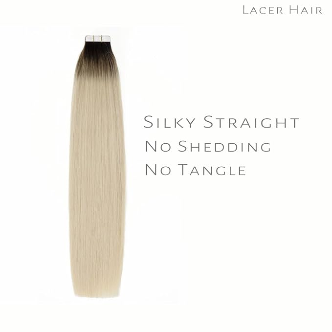 Lacer Hair Tape in Hair Extension Human Hair Balayage Platinum Blonde Hair with Darker Brown Roots Double Sided PU Weft Seamless Straight Natural Human Hair Tape in Extensions 50g 20pcs 14 Inch