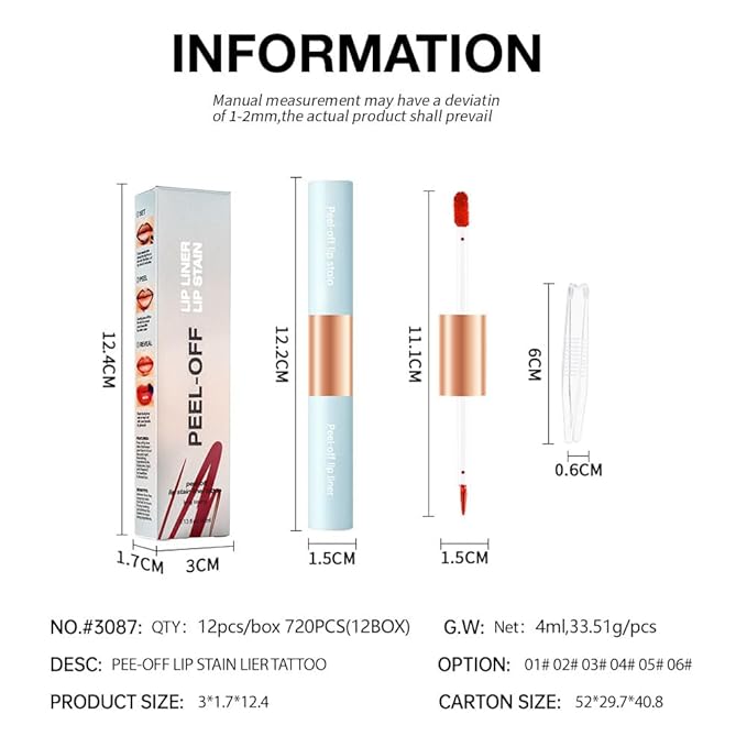Double-head design Lip Stain Lip Liner Stain,Matte Finish Peel Off Lip Stain with Tweezer, Long Lasting Lightweight Smoothing Waterproof Smudge-proof Transfer-proof, 6#cherry red