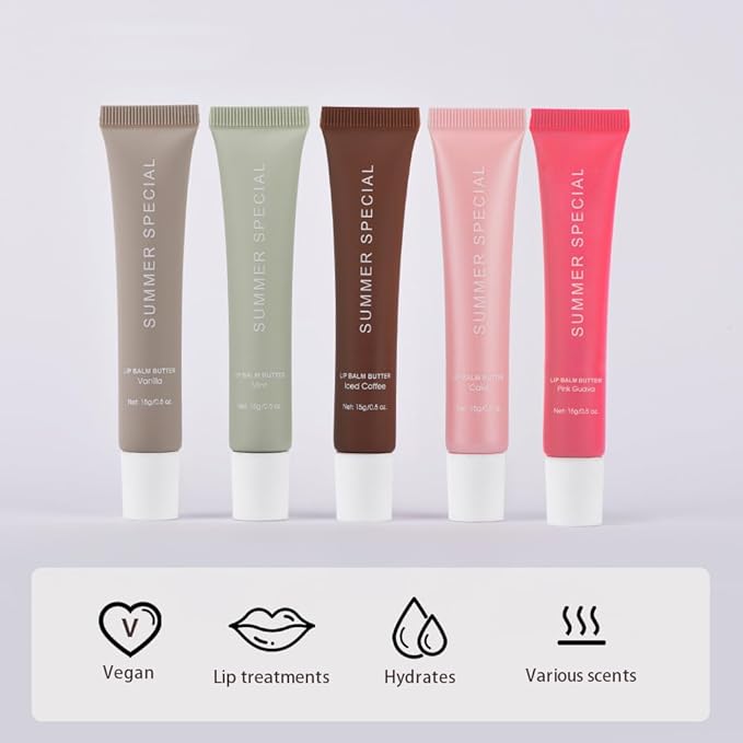 5Pcs Summer Lip Glossy Butter Balm Set, Instant Moisture Sheer Tint, Non-Sticky, Conditioning Formula to Soothe & Repair Dry, Chapped Lips, Jelly Lip Stain with Natural Scent (#1+2+3+4+5, 5Pcs)