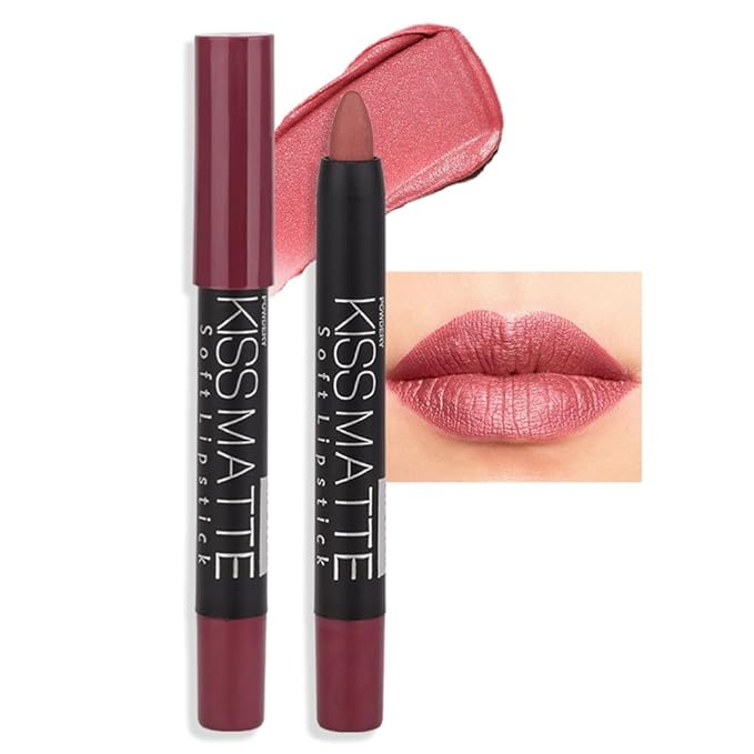Deep Dark Red Matte Lipstick and Lip Crayon Liner Pencil Pen Set for Women Lip Stain Long Lasting Waterproof labiales (1, 1Pcs 01# Light Pink Metallic)