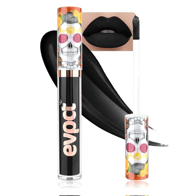 evpct 1Pcs Dark Black Matte Liquid Lipstick Lip Stain Sets for Women, Skull Face Halloween Matte+Lipstick Long Lasting Permanent 24 hr Hours Magic Lipstick 24 Hours original Waterproof, 19#