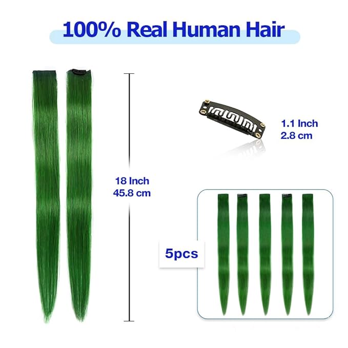 Winsky Green Clip in Hair Extensions 100% Real Human Hair - Straight Highlights Colored Clip on Christmas Hairpieces 5 Pieces/Set (18inch, Green)
