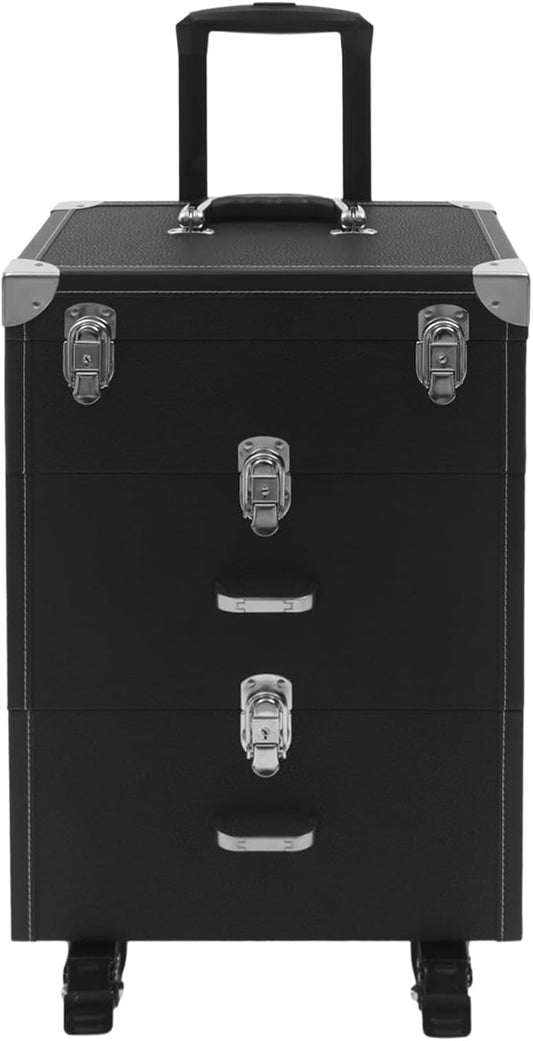 Makeup Train Case, Rolling Makeup Trolley Case, 3 Tiers Lockable Nail Polish Organizer with 2 Keys 4 Wheels (2 with Brakes) for Travel Makeup Artists Nail Technicians (Black Case, Silver Lock)