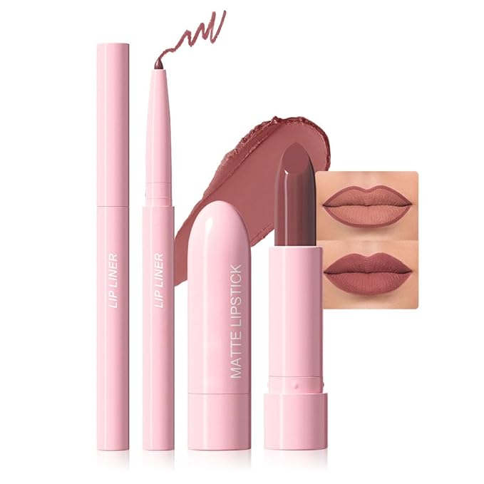 2 in 1 Matte Lipstick Lip Liner Pencil Set,Red Brown Waterproof Lip Stick Lip liner Combo for Old Women Long Lasting Lipstick,labiales mate 24 horas originales