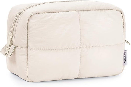 Narwey Puffy Makeup Bag for Travel Women Girl, Quilted Makeup Bag Cosmetic Bag, Cute Puffer Make Up Organizer Bags, Travel Toiletry Bag Toiletries (Beige)