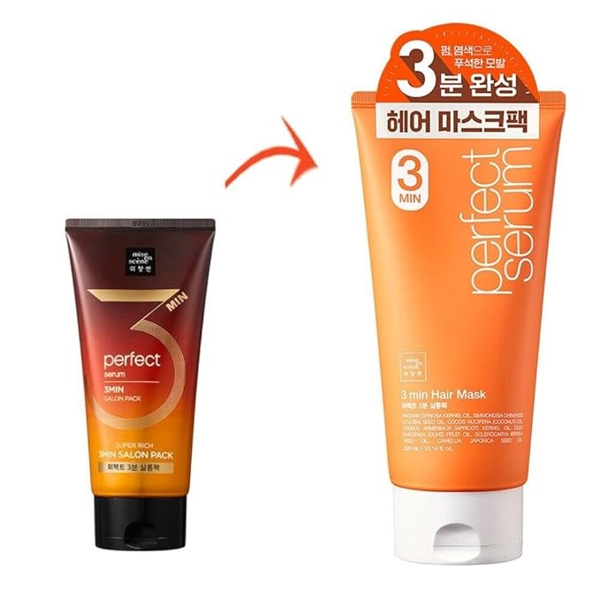 Mise En Scene 3 Min Korean Hair Mask - Perfect Serum Super Rich 3 Min Salon Pack - Strengthening and Hydrating, Korean HairCare, Hair Balm Texture 10.14 Fl Oz.