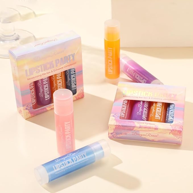 4 Pcs Shimmer Tinted Lip Balm Set, Hydrating Color changing Lipstick, Moisturizing Tinted Lip Gloss, Long Lasting Nutritious Balm Gift Set