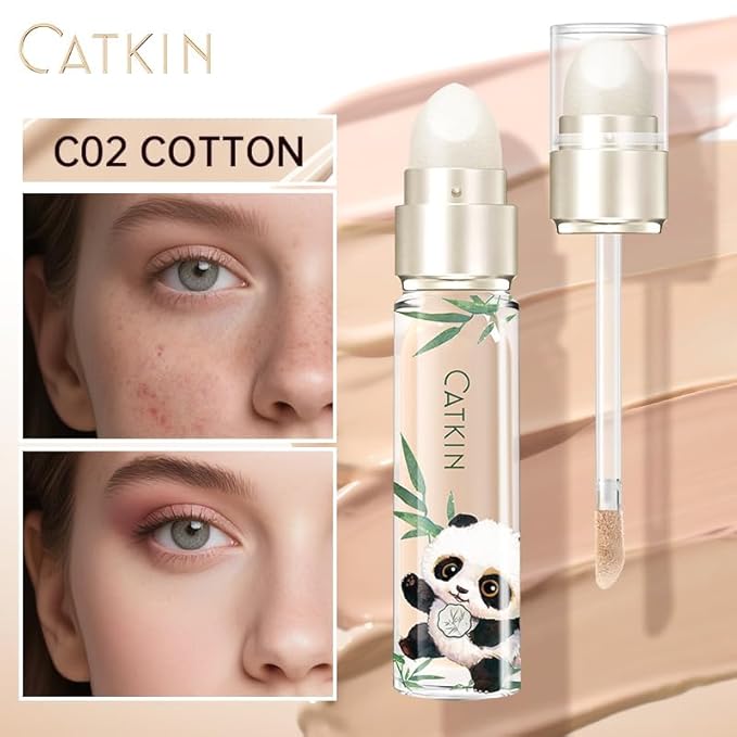 CATKIN Full Coverage Dual-Ended Liquid Concealer Eraser Dark Circles Treatment, Creamy Blendable smooth formula for Blemishes Redness, Long Lasting Waterproof, Sponge Tip Included 5g C02 COTTON