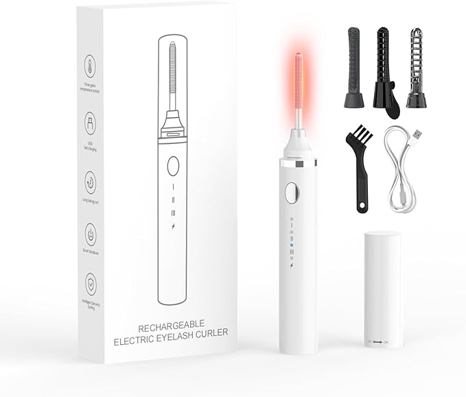 Smiling Shark Heated Eyelash Curler, 360°Wand-Style Heated Lash Brush Rechargeable with 3 Brush Heads & 3 Temp & 5s Fast Heating【Lengthen/Define/Curler】 3-in-1 Lash Curler for All Types of Lashes