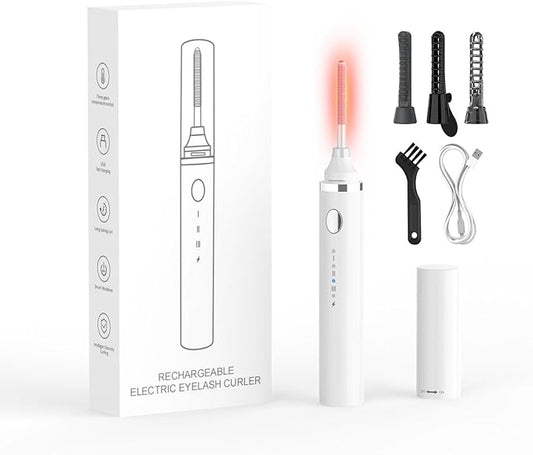 Smiling Shark Heated Eyelash Curler, 360°Wand-Style Heated Lash Brush Rechargeable with 3 Brush Heads & 3 Temp & 5s Fast Heating【Lengthen/Define/Curler】 3-in-1 Lash Curler for All Types of Lashes