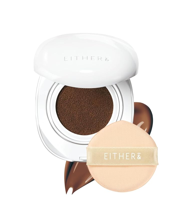 EITHER& Glow Pixel Cushion Foundation, Skincare Formula, Dewy Glass Skin, Lightweight & Long-Lasting 100H Wear, Buildable Hydrating Korean Cushion (34N Acorn, 12g)