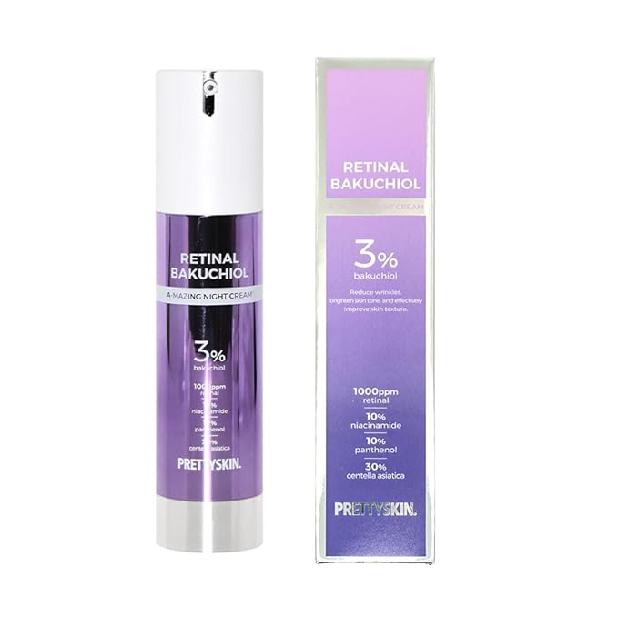 PRETTYSKIN Retinal Bakuchiol At-home Night Cream Moisturizer for Face | Helps to reduce Wrinkles & Fine lines, Elasticity, Tone-up, Anti-aging, Centella Asiatica Extract 30%, Retinal 1,000 ppm (50g)