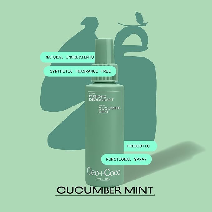 Cleo+Coco Prebiotic Deodorant Spray, Cucumber Mint (3.0 oz), Multi-Use Deodorizing & Soothing Body Spray for Women and Men, Aluminum-Free & Vegan Whole Body Deodorant