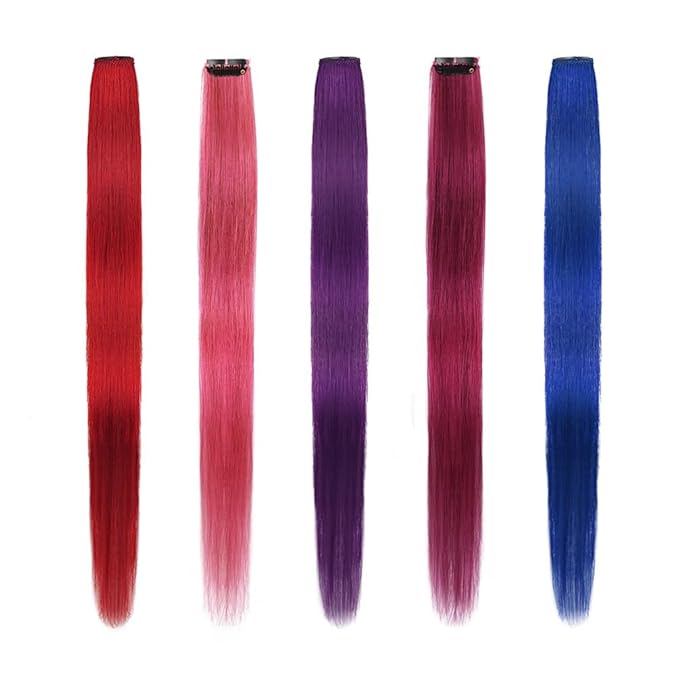Winsky Colored Clip in Hair Extensions 100% Real Human Hair -Straight Highlights Colored Clip on Hairpieces 5 Pieces/Set (18inch, Pink, Purple, Red, Blue, Burgundy)