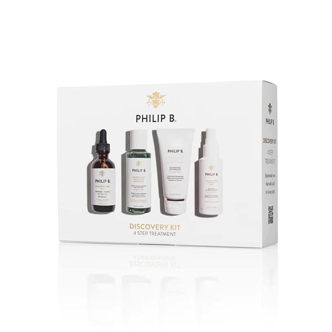 Philip B. 4 Step Discovery Kit - Includes Peppermint Avocado Shampoo, Rejuvenating Oil, Detangling Toning Mist & Lightweight Deep Conditioner, 2 fl oz Each