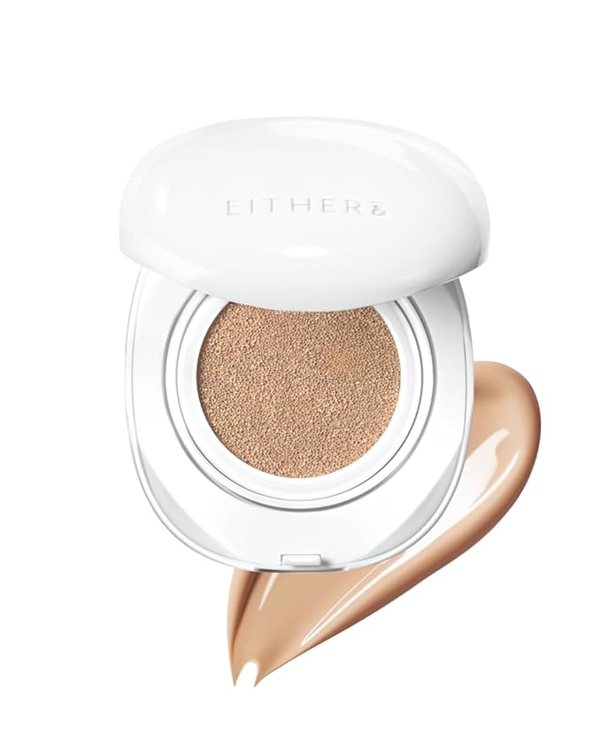 EITHER& Glow Pixel Cushion Foundation, Skincare Formula, Dewy Glass Skin, Lightweight & Long-Lasting 100H Wear, Buildable Hydrating Korean Cushion (24P Suede, 12g)