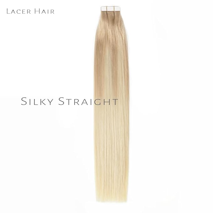 Lacer Tape in Hair Extensions Human Hair Straight Balayage Light Ash Blonde to Platinum Blonde PU Double Weft Tape in Real Human Hair Extensions 20 Inches 50grams
