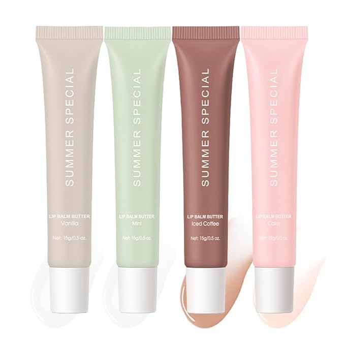 4Pcs Summer Lip Glossy Butter Balm Set, Instant Moisture Sheer Tint, Non-Sticky, Conditioning Formula to Soothe & Repair Dry, Chapped Lips, Jelly Lip Stain with Natural Scent (#1+2+3+4, 4Pcs)