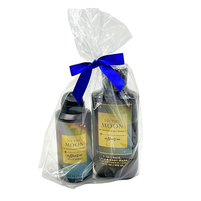 Bath & Body Works TO THE MOON Men's Body Spray & 3-in-1 Hair, Face & Body Wash 2pc bundle Gift set With a Blue Bow for Holidays - Full Size