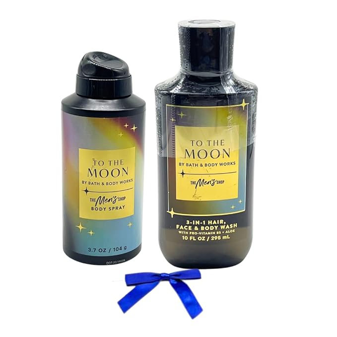Bath & Body Works TO THE MOON Men's Body Spray & 3-in-1 Hair, Face & Body Wash 2pc bundle Gift set With a Blue Bow for Holidays - Full Size