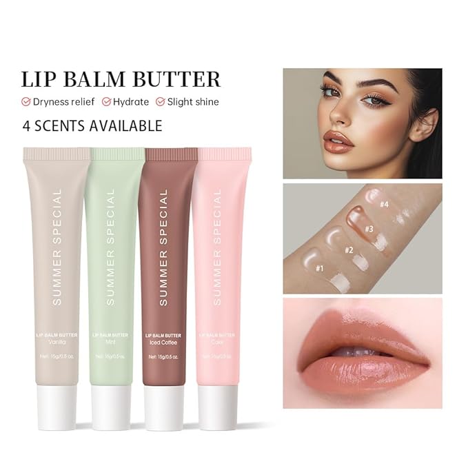 4Pcs Summer Lip Glossy Butter Balm Set, Instant Moisture Sheer Tint, Non-Sticky, Conditioning Formula to Soothe & Repair Dry, Chapped Lips, Jelly Lip Stain with Natural Scent (#1+2+3+4, 4Pcs)