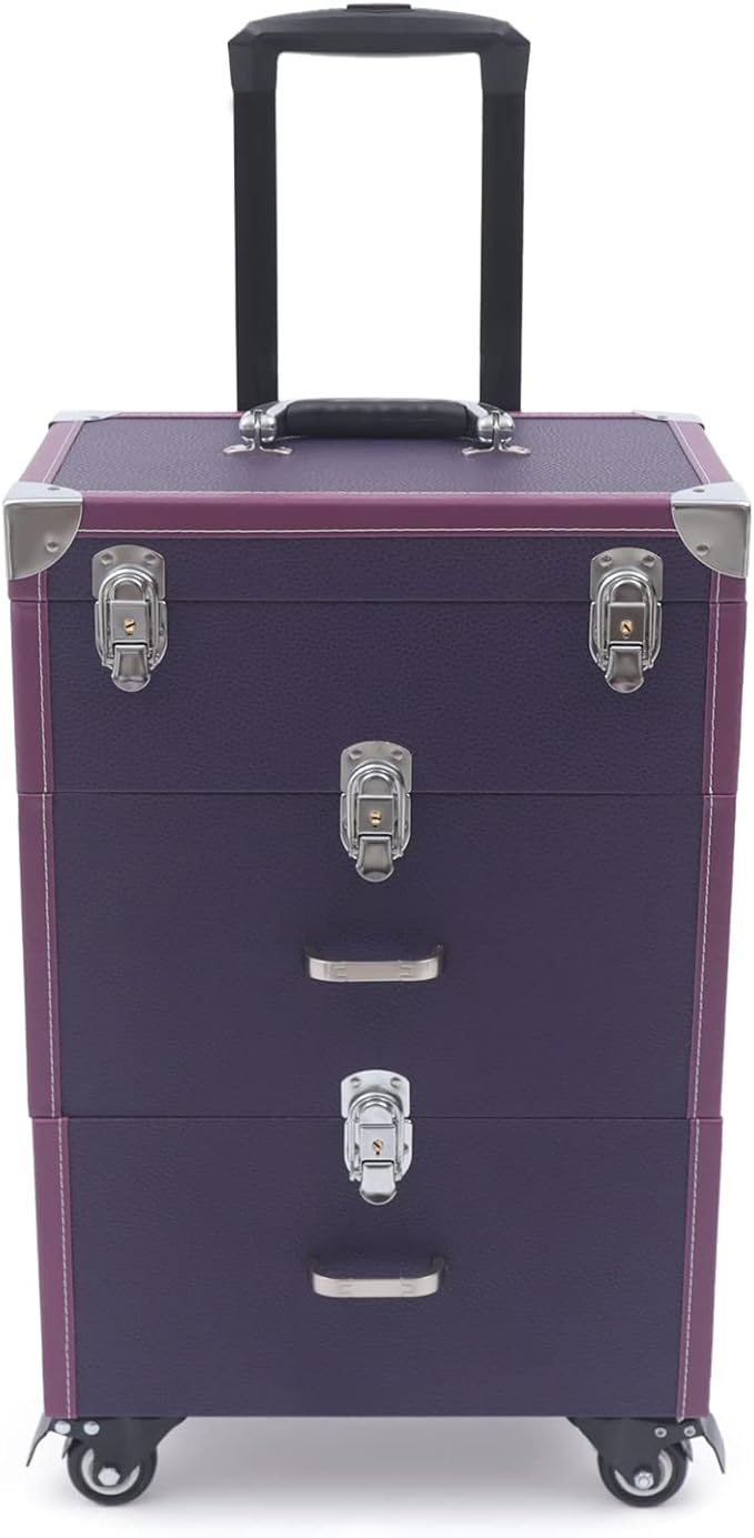 Makeup Train Case, Rolling Makeup Trolley Case, 3 Tiers Lockable Nail Polish Organizer with 2 Keys 4 Wheels (2 with Brakes) for Travel Makeup Artists Nail Technicians (Purple Case, Silver Lock)