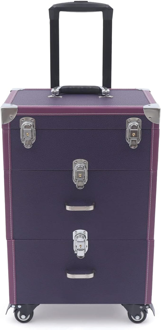 Makeup Train Case, Rolling Makeup Trolley Case, 3 Tiers Lockable Nail Polish Organizer with 2 Keys 4 Wheels (2 with Brakes) for Travel Makeup Artists Nail Technicians (Purple Case, Silver Lock)