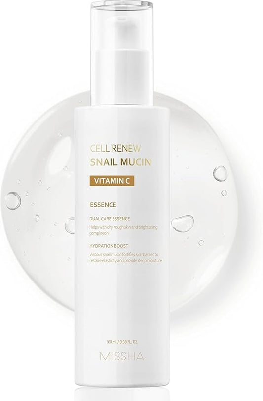 MISSHA Cell Renew Snail Mucin Vitamin C Essence Serum 3.38 Fl oz - Hydrating Korean Skincare for Glass Skin, Snail Mucin Serum for Improved Skin Texture & Complexion