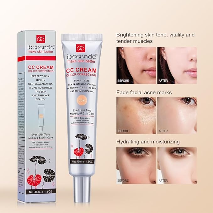 Color Correcting CC Cream Foundation, Invisible Pores Concealer, Rich In Centella Asiatic, Moisturizing And Waterproof CC Cream With Spf 25(LIGHT)