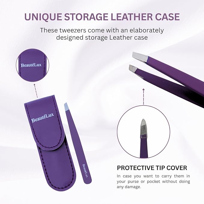 Slant Tip Eyebrow Tweezer for women & men, Stainless Steel Tweezers, Stocking Stuffer for women & men Facial Hair Removal tweezers for Chin hair, Ingrown Hair tweezer, Purple Travel tweezers with case