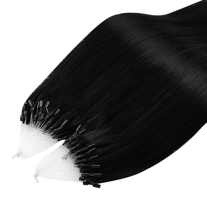 Full Shine Micro Beads Hair Extensions Human Hair Natural Black Remy Hair 14 Inch Micro Link Human Hair Extensions for Women 50 Grams Pre Bonded Extensions add Volume