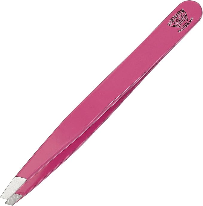 Slant Tweezer - Handmade in Switzerland - Professional Eyebrow & Facial Hair Remover - Etched Interior Grabs Hair from The Root - Perfectly Aligned Tips - Stainless Steel, Pink