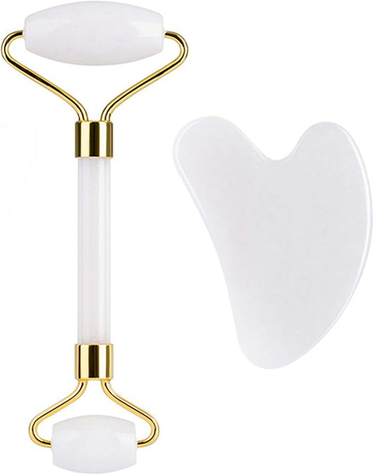 HOTACE Jade Roller Gua Sha Set Natural Jade Stone Roller for Face Beauty Facial Roller Massager Tools Face Slimming Lift Anti Wrinkle Skin Care Tools-White Jade