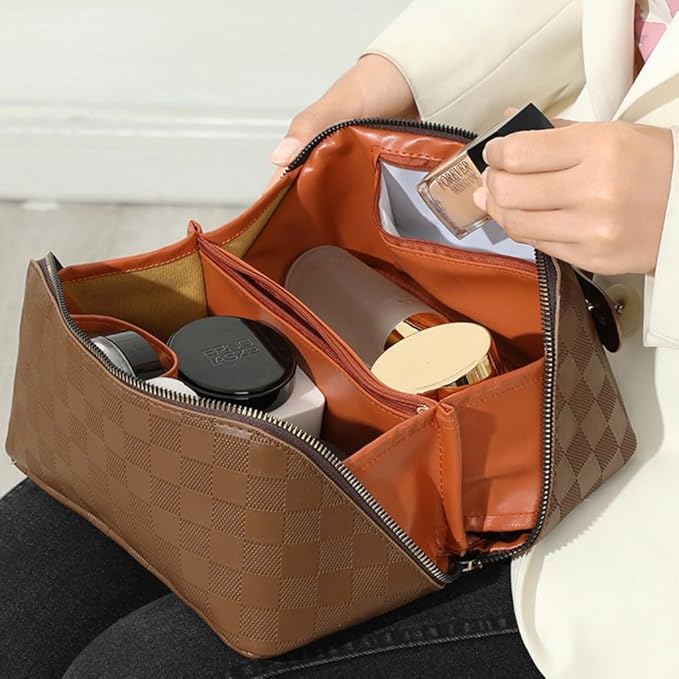 Large Capacity Makeup Bag Portable Travel Cosmetic Bag for Women Girls Gift Makeup Pouch Portable Zipper Bag (Latte Checkered - upgrade)