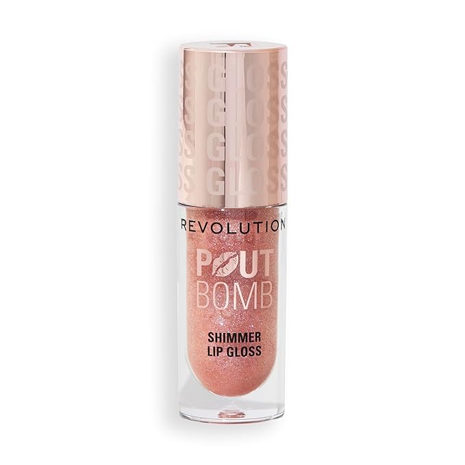 Revolution Beauty London, Pout Bomb Shimmer Gloss, High-Shine Lip Gloss & Shimmer for Glossy Lips with Hyaluronic Acid & Sweet Vanilla Scent, Glimmer Nude, 0.15 oz
