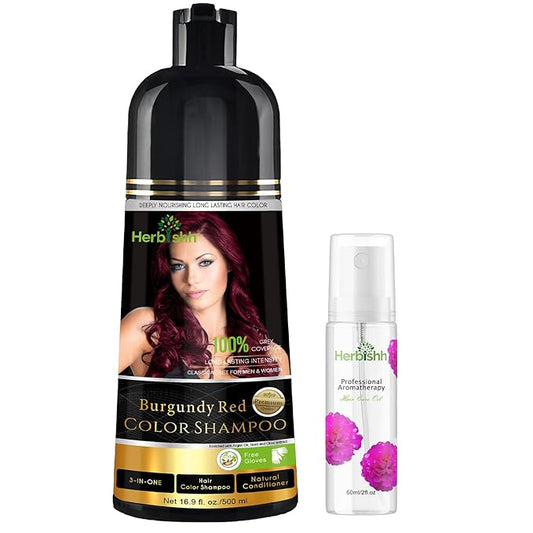 Herbishh Burgundy Hair Color Shampoo - 3-In-1 Magic Dye for Gray Hair 500 Ml + Essential Flower Hair Oil - Organic Formula for Dry, Damaged Hair 60 ML