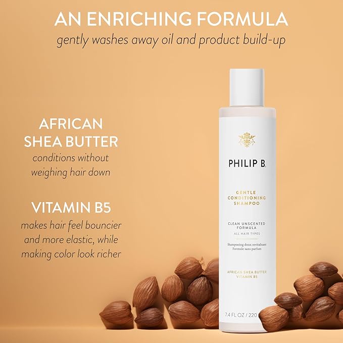 PHILIP B Gentle Conditioning Shampoo, 7.4 fl. oz. (220 ml) - Light-Weight Unscented Cleanser Adds Softness & Shine, With Shea Butter & Vitamin B5